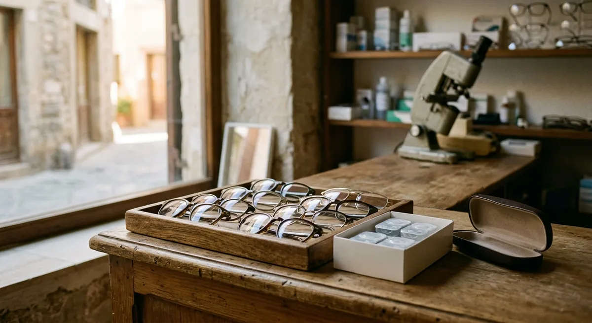 Comptoir d'un opticien avec des montures de lunettes et une boîte de lentilles