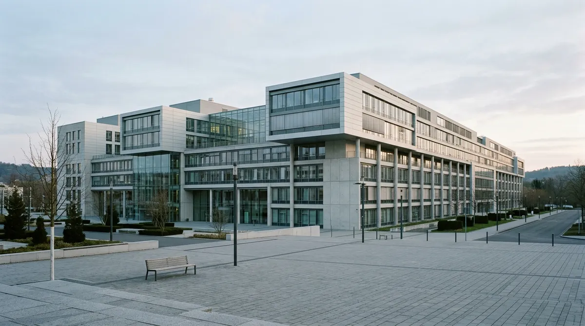 Façade d'un grand hôpital universitaire allemand au lever du jour, architecture moderne et lignes épurées