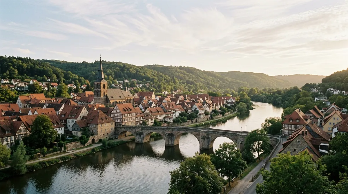 Vue d'une vieille ville allemande au bord d'un fleuve, toits rouges et ciel pâle, aucune présence humaine