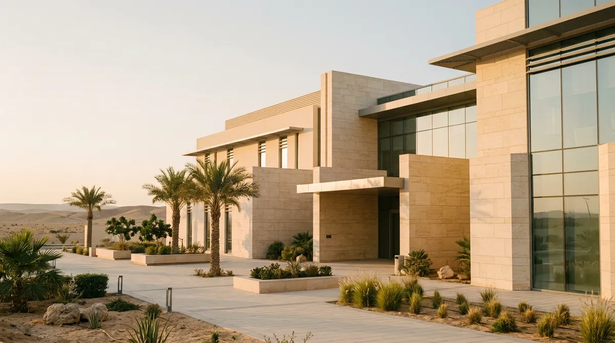 Façade moderne d'un hôpital privé en Arabie saoudite, architecture épurée sous lumière du désert