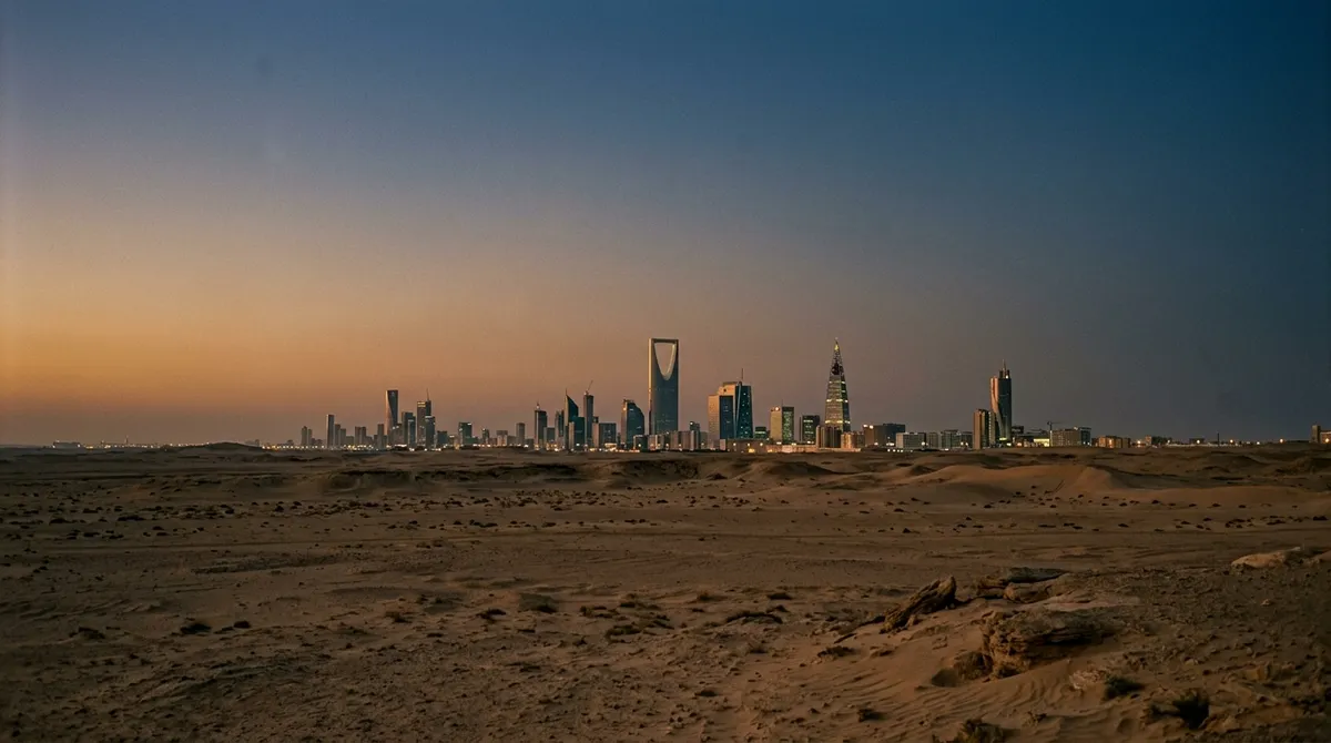 Skyline de Riyad au crépuscule, tours modernes émergeant de l'horizon désertique