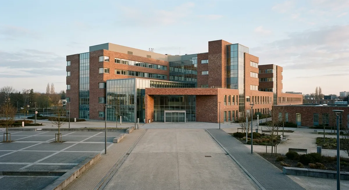 Façade d'un hôpital universitaire belge moderne au petit matin, sans personne