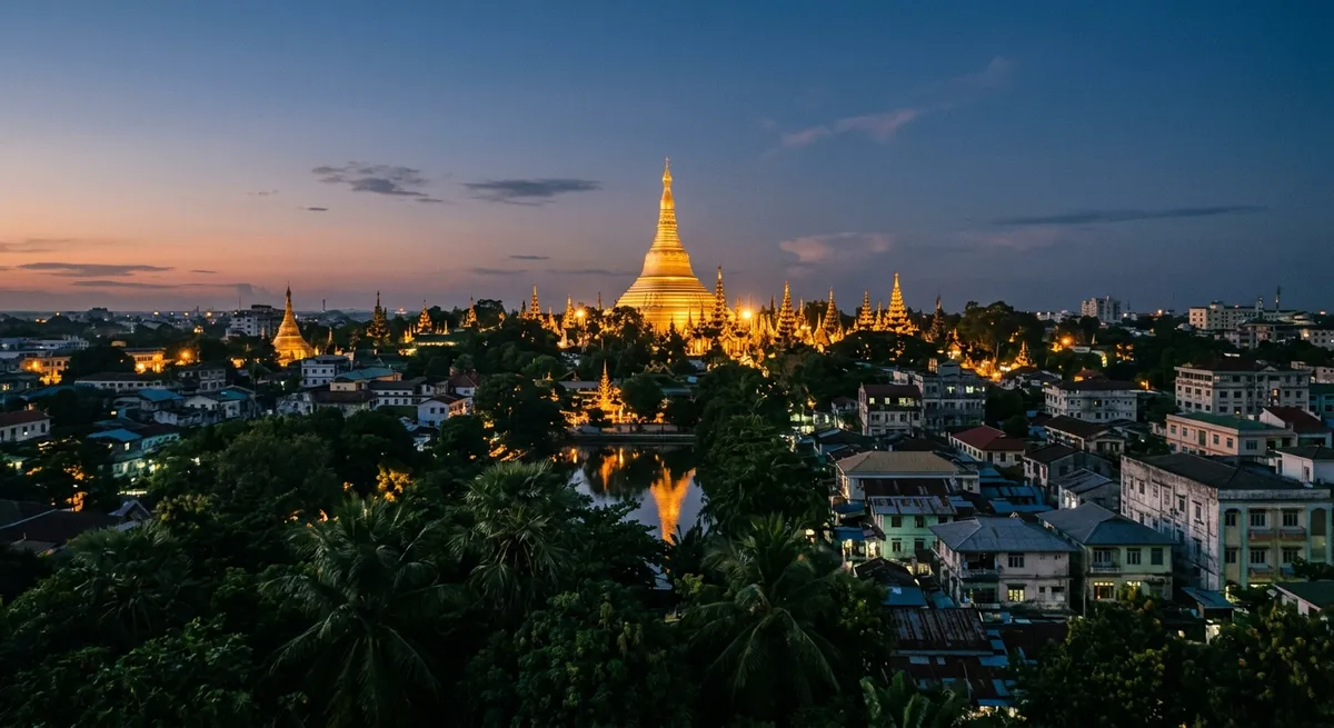 Vue de la pagode Shwedagon dominant Yangon au crépuscule, Birmanie