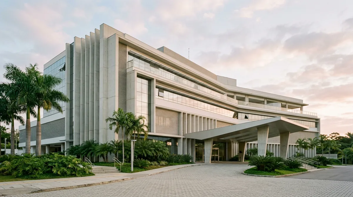 Façade moderne d'un hôpital privé brésilien au lever du jour, sans personne