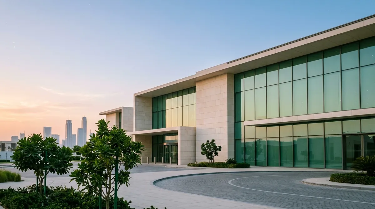Façade moderne d'un complexe hospitalier privé à Dubaï au lever du jour
