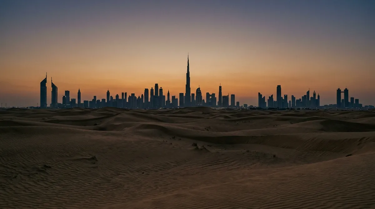 Ligne d'horizon de Dubaï au crépuscule avec le désert en arrière-plan