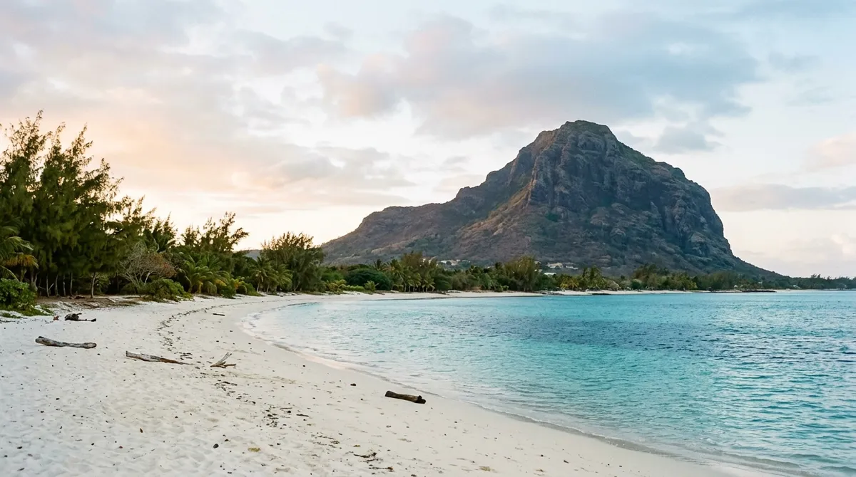 Lagon turquoise et littoral montagneux de l'île Maurice au lever du jour, sans présence humaine