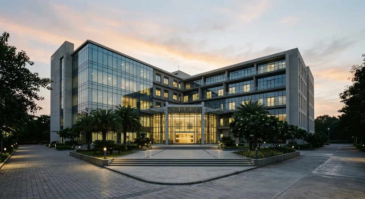 Façade moderne d'un hôpital privé indien au crépuscule, sans présence humaine
