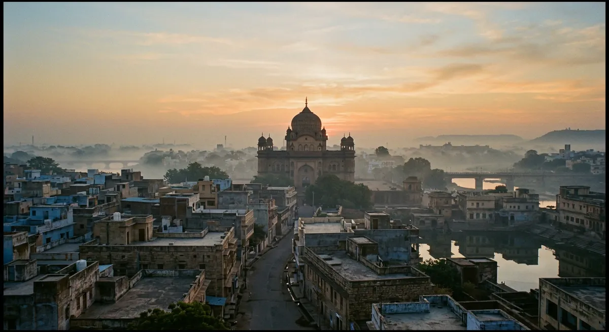 Vue panoramique d'une métropole indienne au lever du jour, monument emblématique au loin, sans présence humaine
