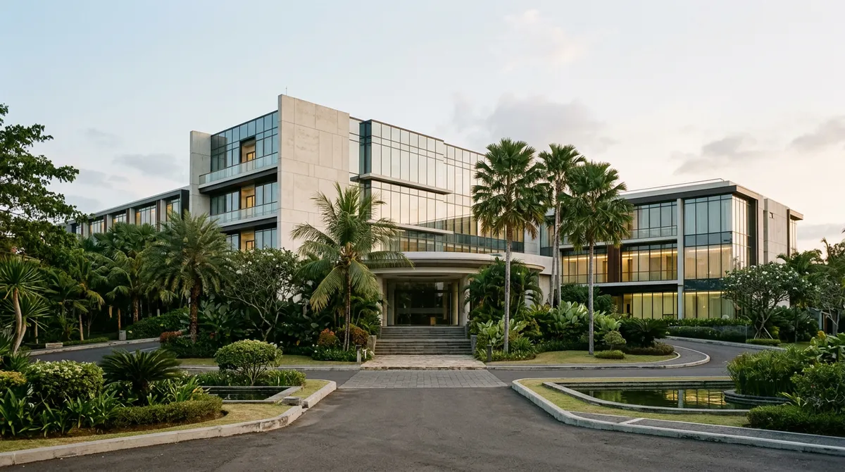 Façade moderne d'un hôpital privé international à Bali, sans présence humaine