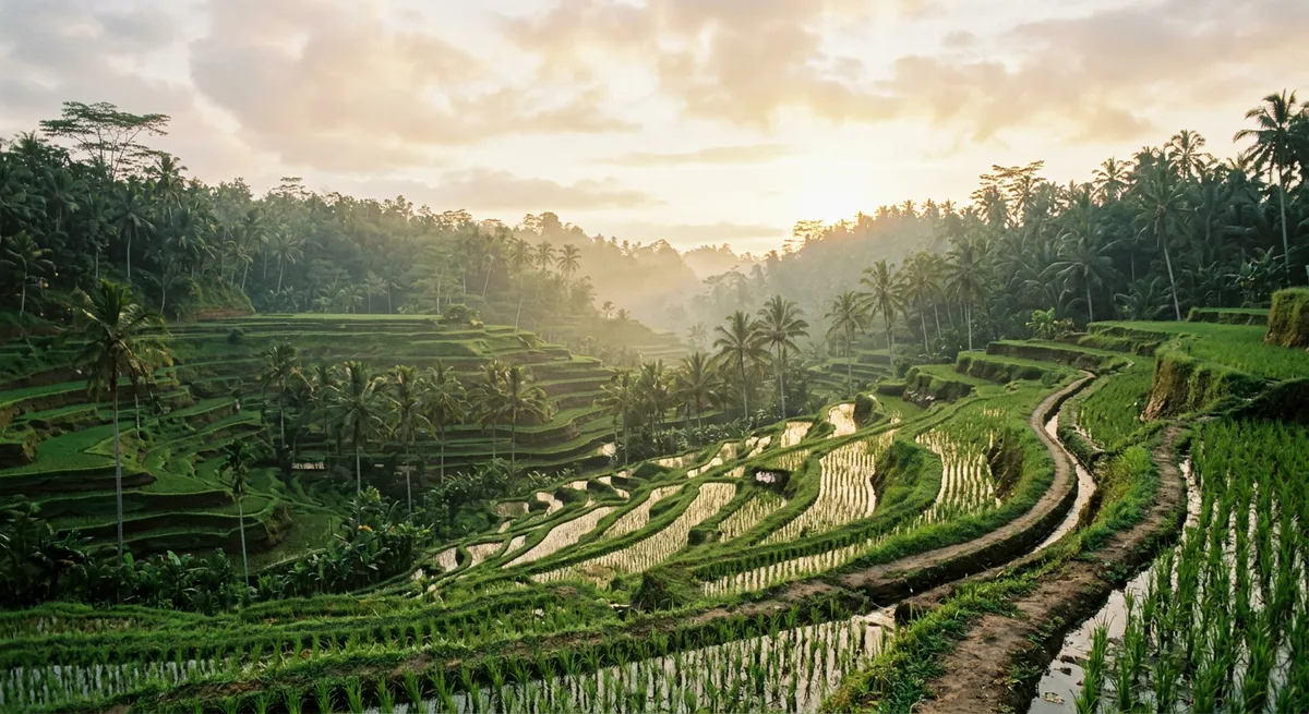 Rizières en terrasses de Bali au lever du jour, paysage désert sans personne