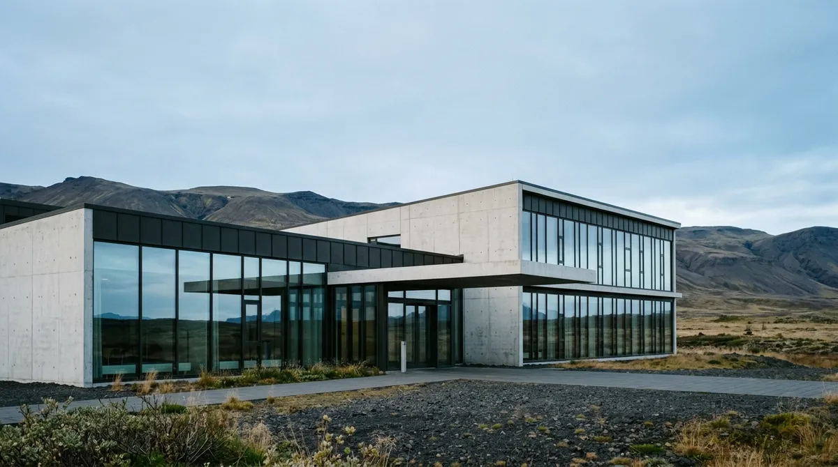 Façade moderne d'un établissement hospitalier islandais sous un ciel nordique
