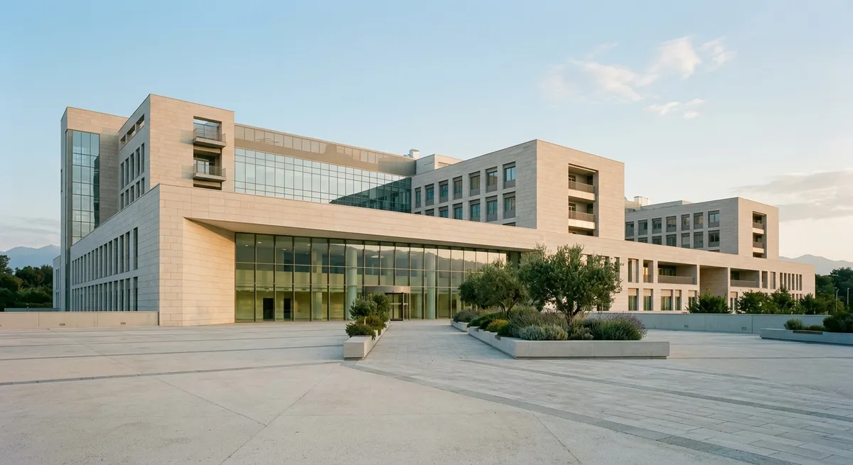 Façade lumineuse d'un grand établissement hospitalier italien contemporain, vu de l'extérieur, sans personne