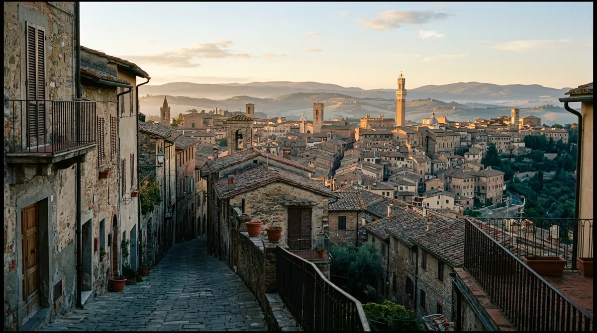 Vue panoramique d'une ville italienne au lever du jour, toits et collines, rue déserte, sans personne