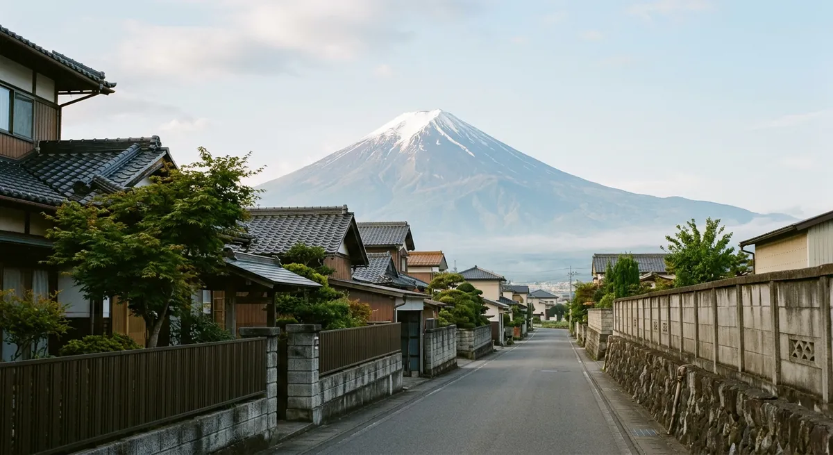 Vue dégagée sur le mont Fuji depuis une rue résidentielle japonaise déserte au lever du jour