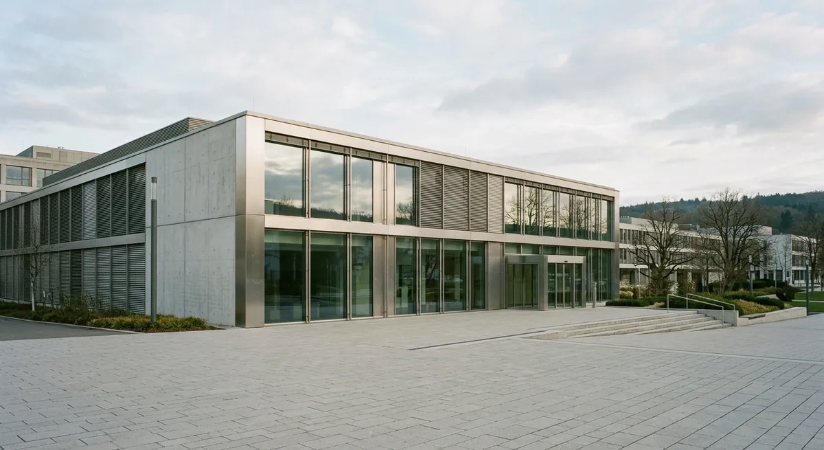 Façade moderne d'un centre hospitalier au Luxembourg, architecture contemporaine, lumière calme