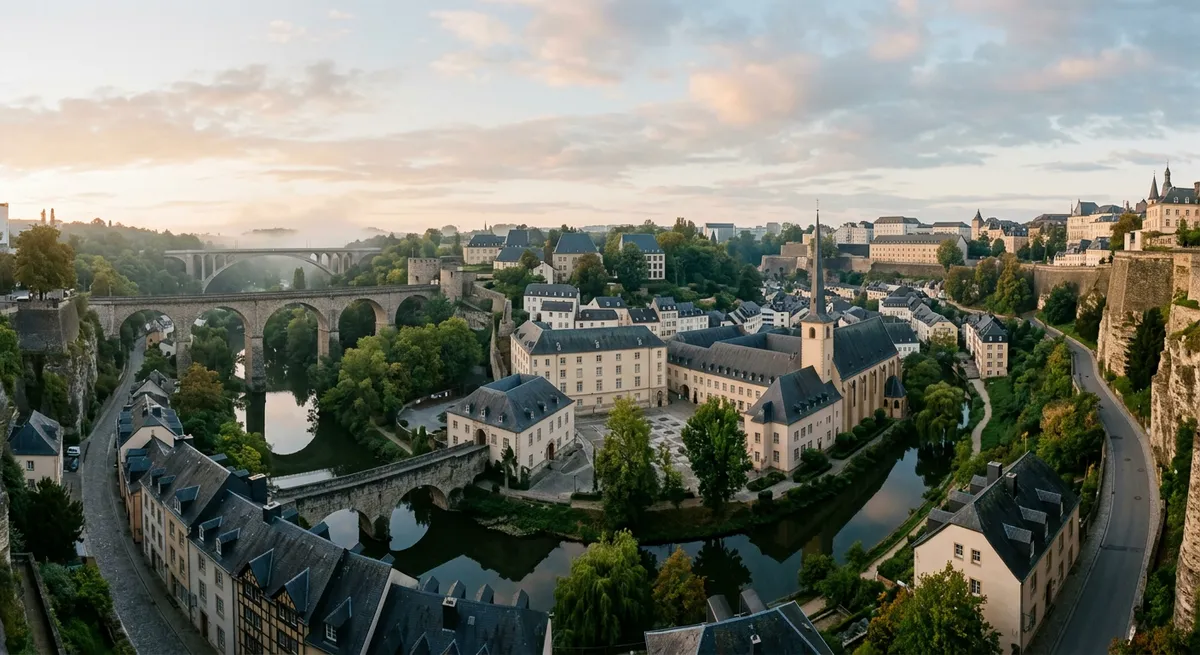 Vue de la vieille ville de Luxembourg et de ses ponts au-dessus de la vallée, ambiance calme
