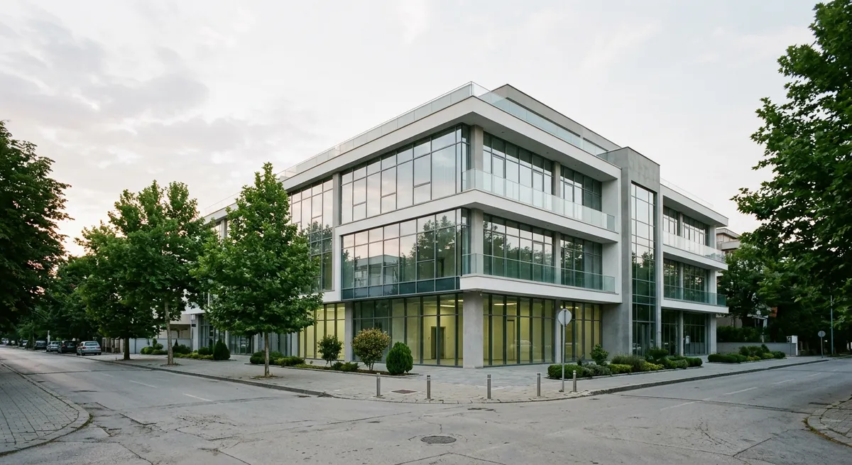 Façade moderne d'une clinique privée à Skopje, Macédoine du Nord