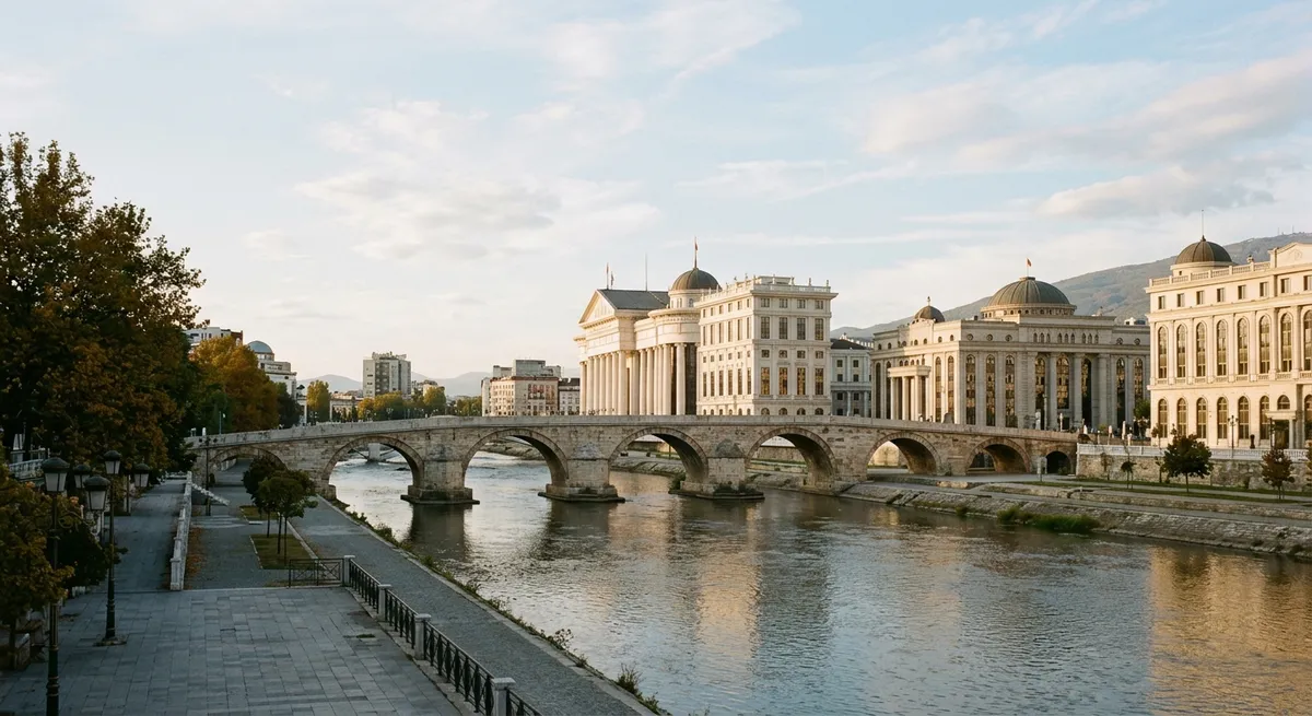 Vue du centre de Skopje avec le fleuve Vardar et l'architecture monumentale