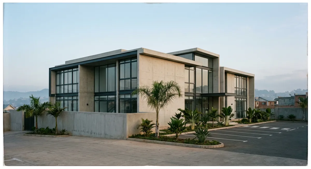 Façade d'une clinique privée moderne à Antananarivo au lever du jour
