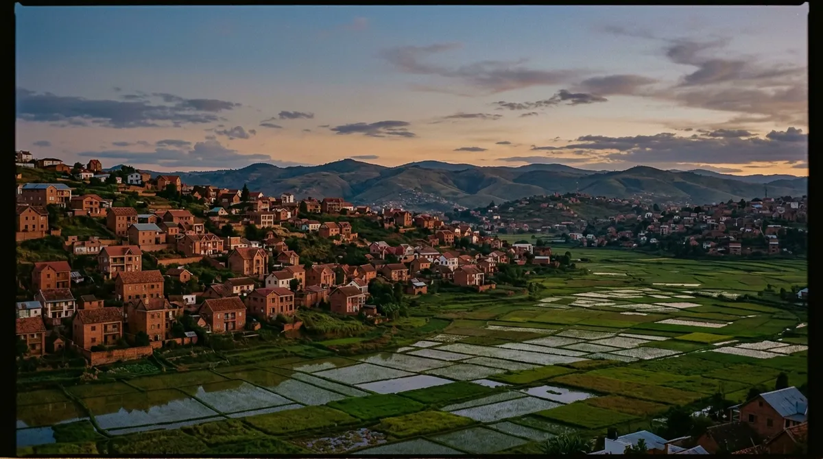 Vue panoramique des collines et maisons en briques rouges d'Antananarivo au crépuscule
