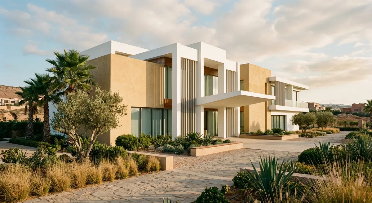 Façade lumineuse et moderne d'une clinique privée marocaine au calme, architecture épurée