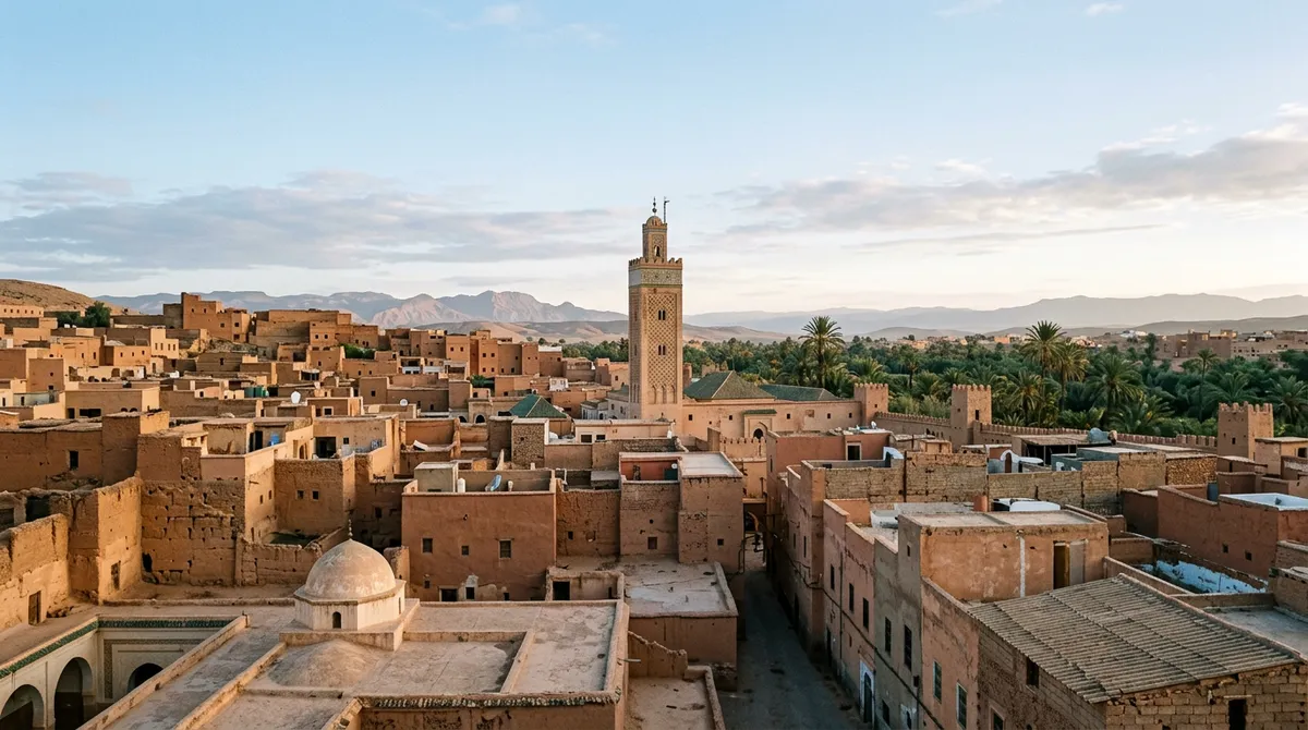 Vue paysagère emblématique d'une ville marocaine au lever du jour, médina et minaret, ambiance calme