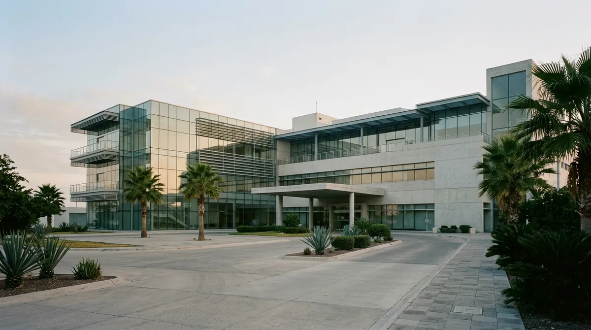 Façade moderne d'un hôpital privé au Mexique au lever du jour