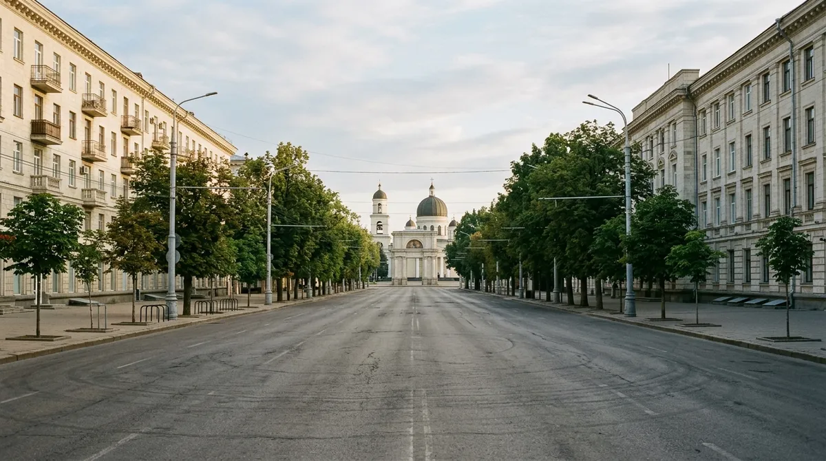 Vue urbaine de Chisinau avec ses avenues bordees d'arbres, Moldavie