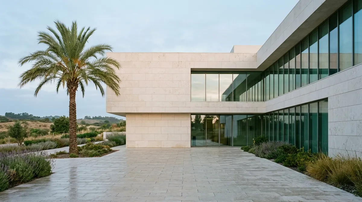 Façade moderne d'une clinique privée portugaise, architecture contemporaine en pierre claire