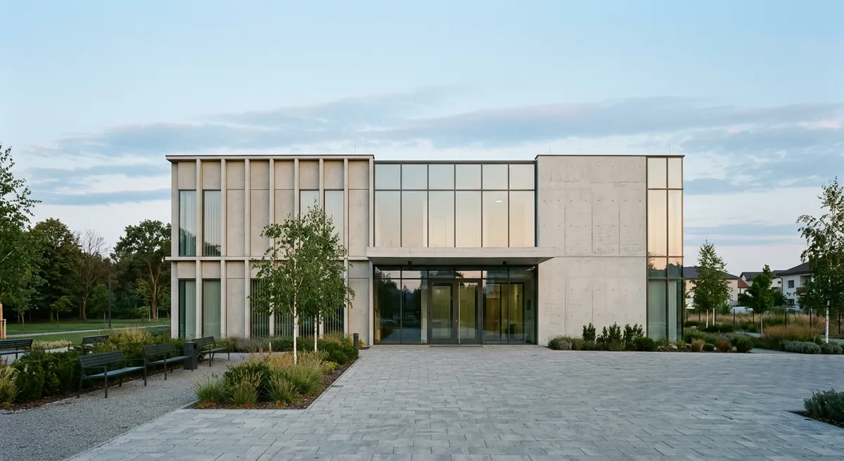 Façade moderne d'une clinique privée en Roumanie, vue extérieure sans personne