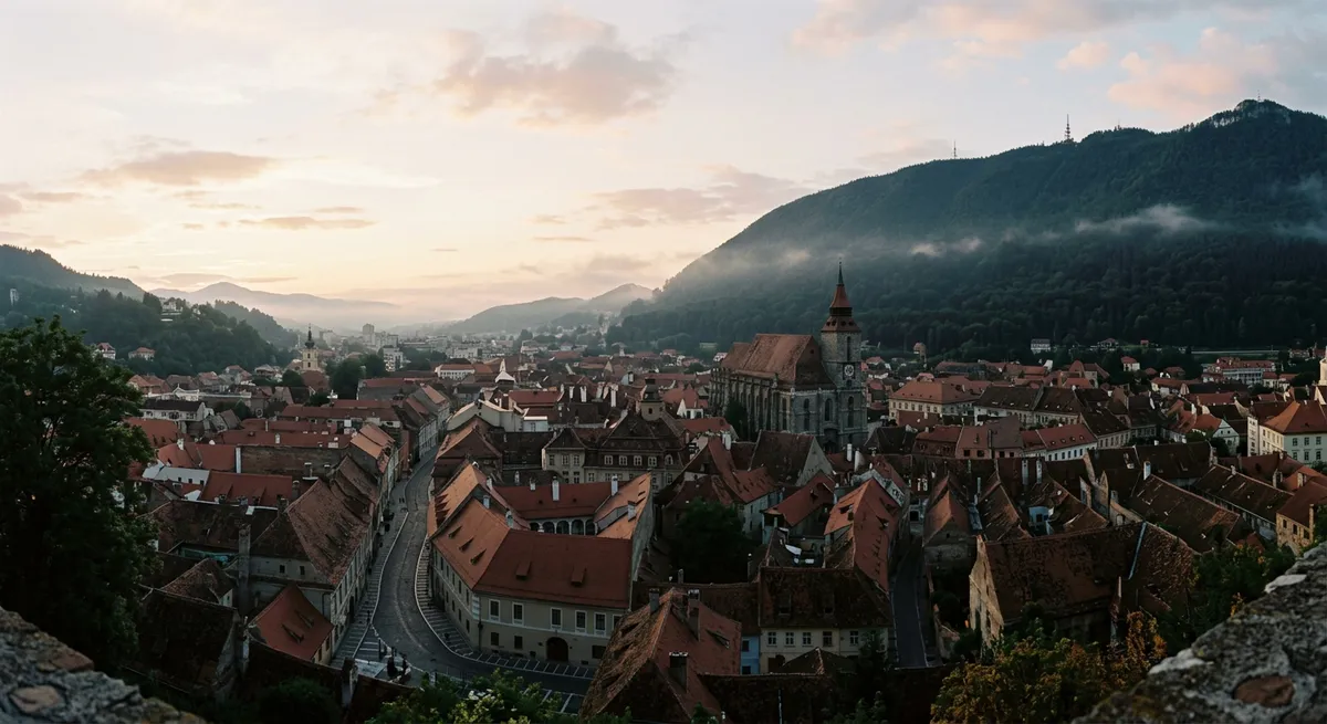 Vue panoramique d'une ville roumaine au calme, toits et collines, sans personne