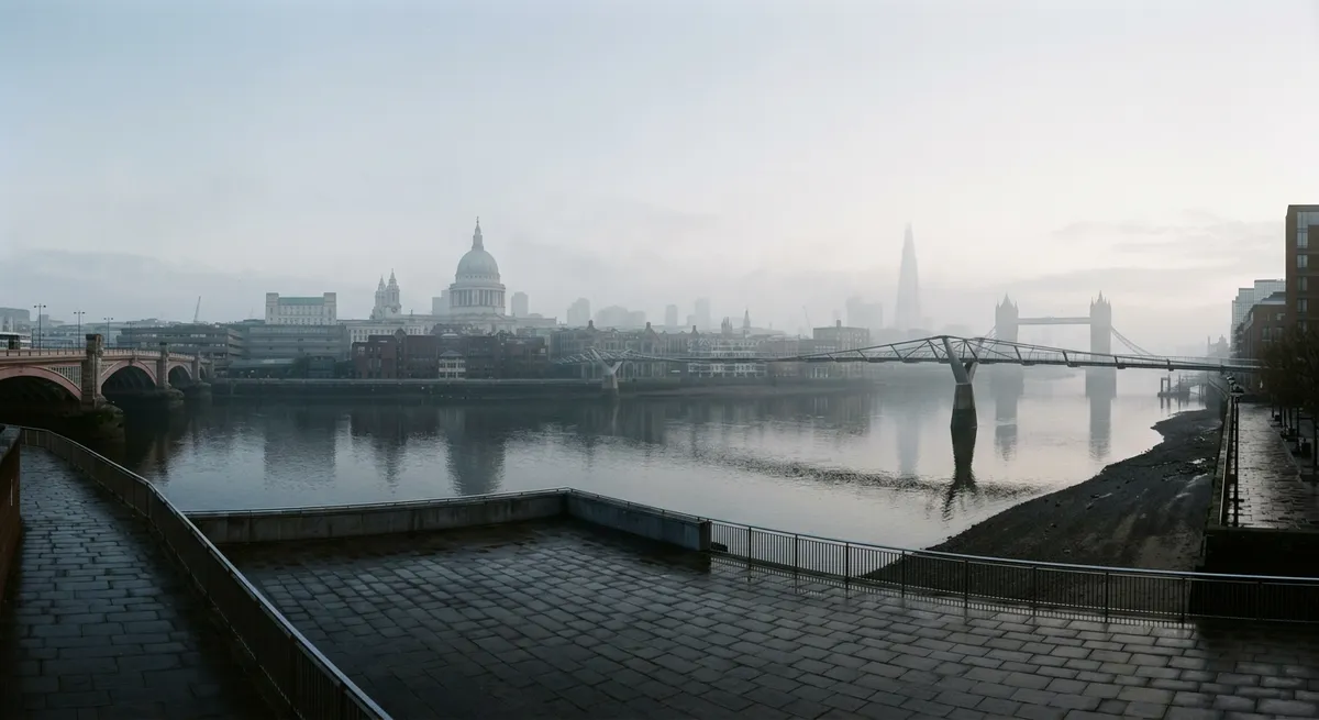 Vue de la Tamise et des ponts de Londres au petit matin sous une brume légère