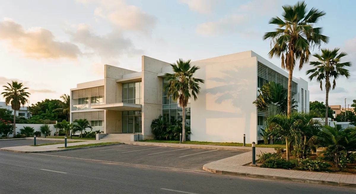 Façade d'une clinique privée moderne à Dakar, lumière du matin