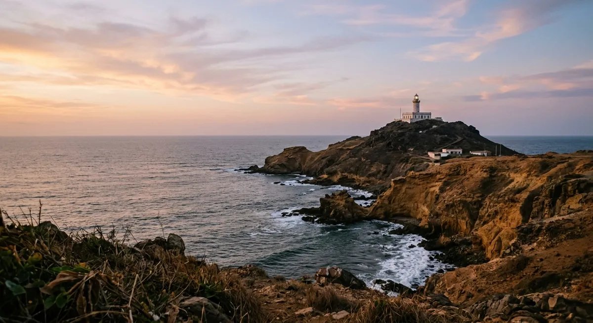 Vue de la côte de Dakar avec le phare des Mamelles au crépuscule