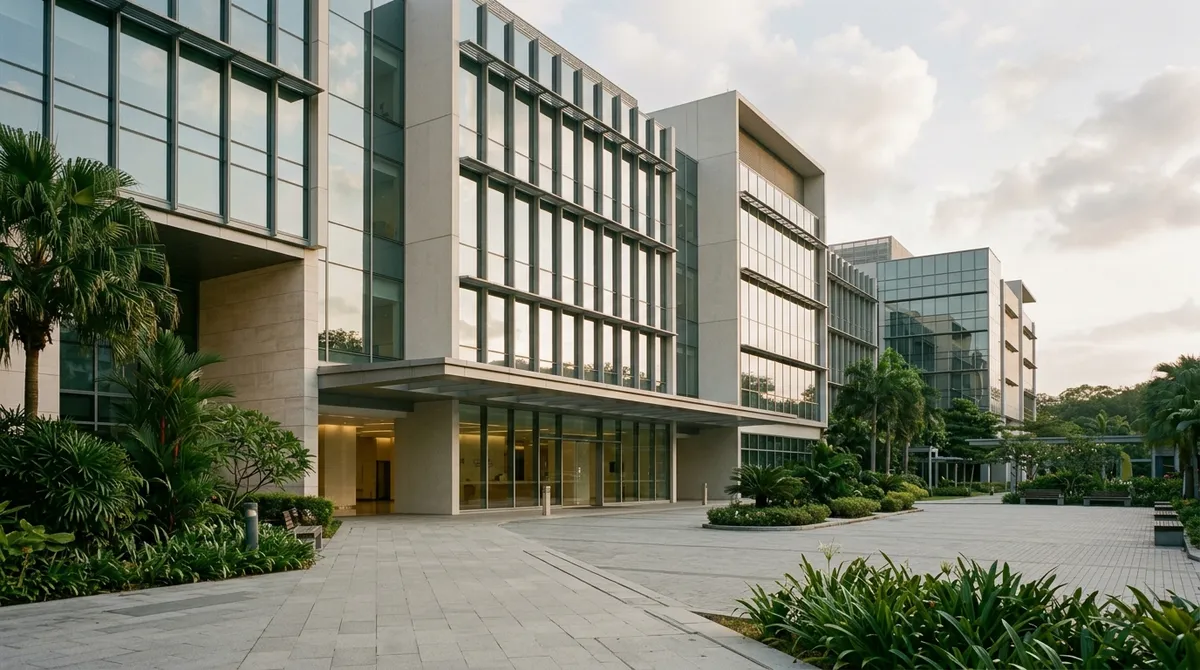 Façade moderne d'un hôpital privé à Singapour, architecture contemporaine en verre