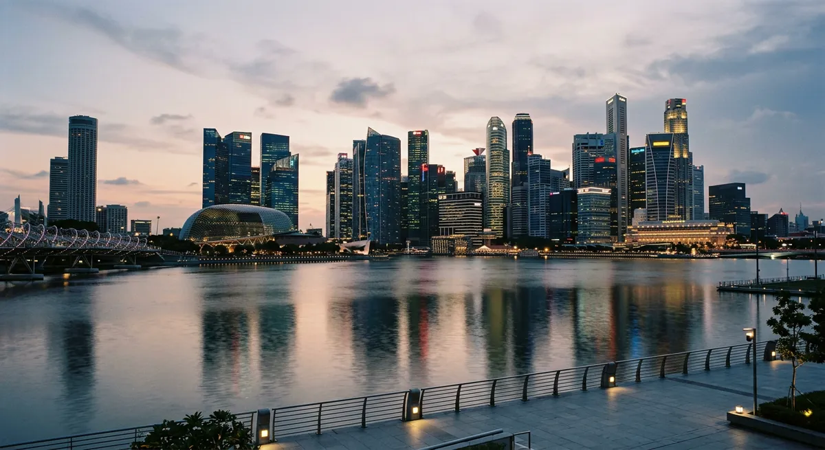 Skyline de Singapour au crépuscule, gratte-ciel du quartier d'affaires et baie de Marina