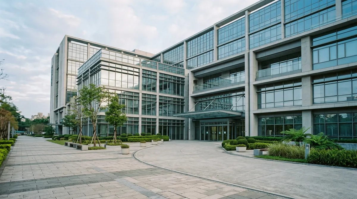Bâtiment hospitalier moderne à Taipei dans la lumière du matin, sans personne